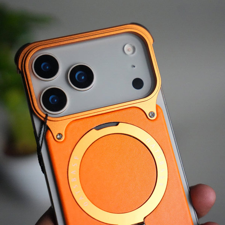 FRATO Aeroflex Metal iPhone 17 Pro Max Leather Frameless Metal Kickstand Case