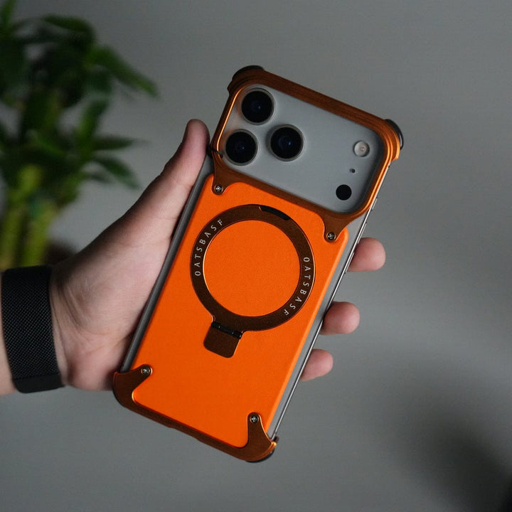 FRATO Aeroflex Metal iPhone 17 Pro Max Leather Frameless Metal Kickstand Case