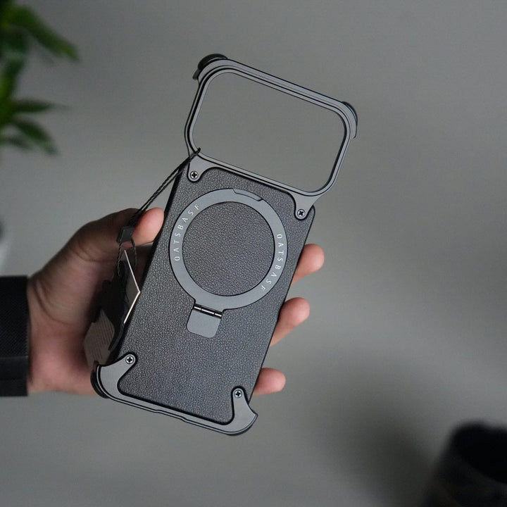 FRATO Aeroflex Metal iPhone 17 Pro Max Leather Frameless Metal Kickstand Case
