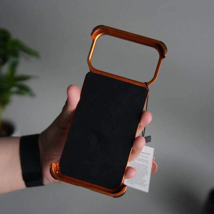 FRATO Aeroflex Metal iPhone 17 Pro Max Leather Frameless Metal Kickstand Case