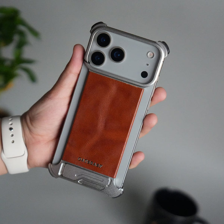 FRATO Aeroflex Metal iPhone 17 Pro Max Magnetic Leather Case | Strong MagSafe + Metal Kickstand | Premium PU Leather Back with Aluminum Bumper Frame