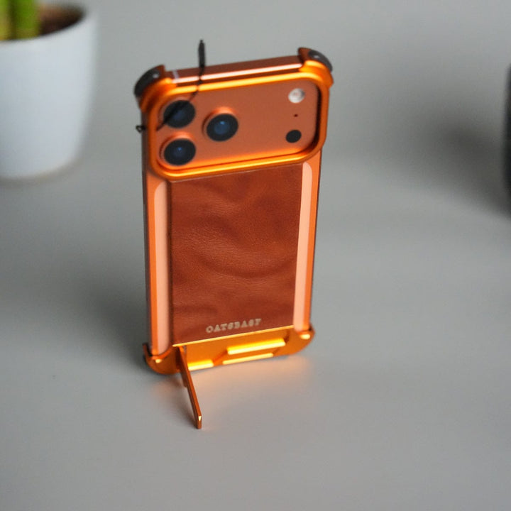 FRATO Aeroflex Metal iPhone 17 Pro Max Magnetic Leather Case | Strong MagSafe + Metal Kickstand | Premium PU Leather Back with Aluminum Bumper Frame