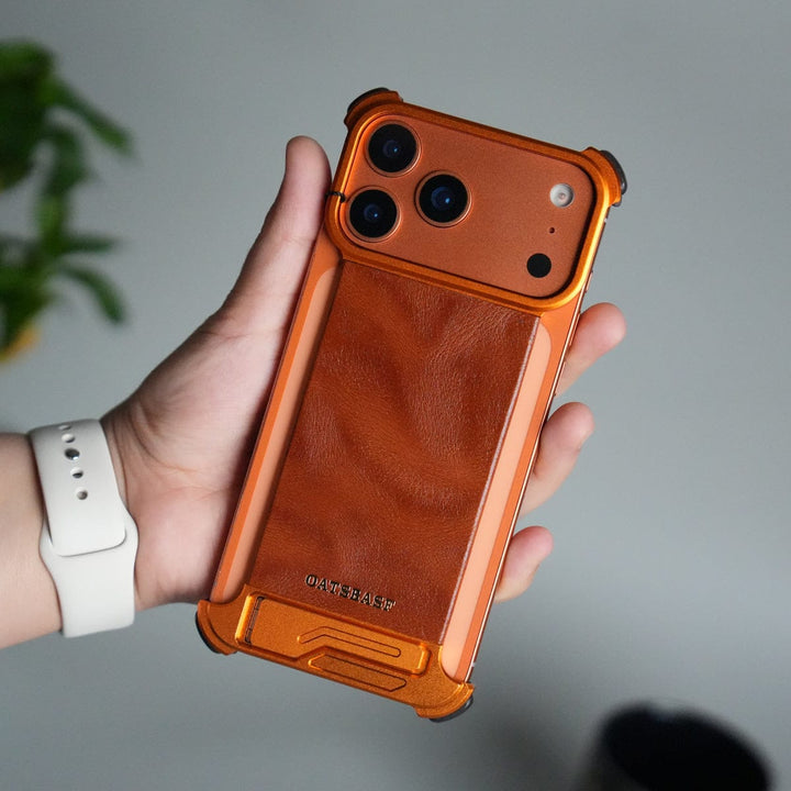 FRATO Aeroflex Metal iPhone 17 Pro Max Magnetic Leather Case | Strong MagSafe + Metal Kickstand | Premium PU Leather Back with Aluminum Bumper Frame