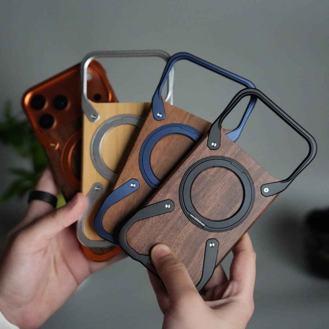 FRATO Aeroflex Metal iPhone 17 Series Frameless Wooden Aluminium Case | Premium Metal Rotating Stand | Shockproof Luxury Wood Back Cover