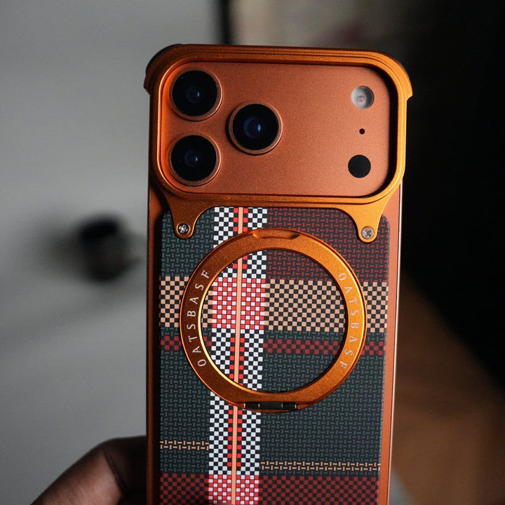 FRATO Aeroflex Metal iPhone 17 Series Kevlar Fiber Texture Frameless Metal Kickstand Case | Orange