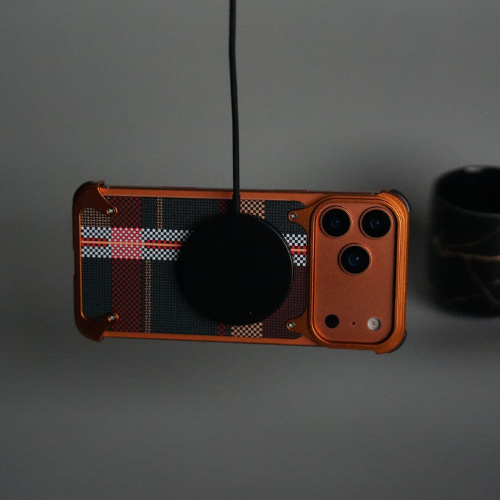 FRATO Aeroflex Metal iPhone 17 Series Kevlar Fiber Texture Frameless Metal Kickstand Case | Orange