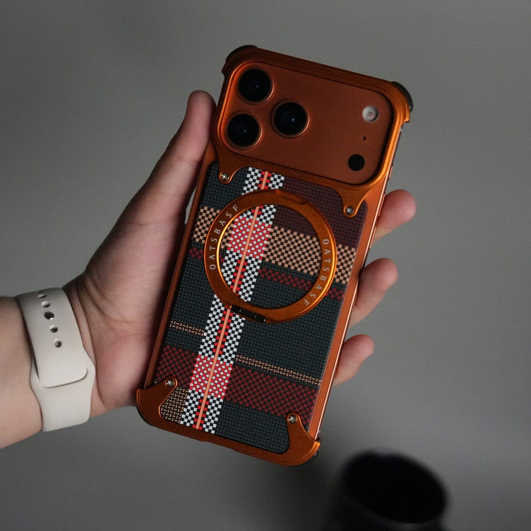 FRATO Aeroflex Metal iPhone 17 Series Kevlar Fiber Texture Frameless Metal Kickstand Case | Orange