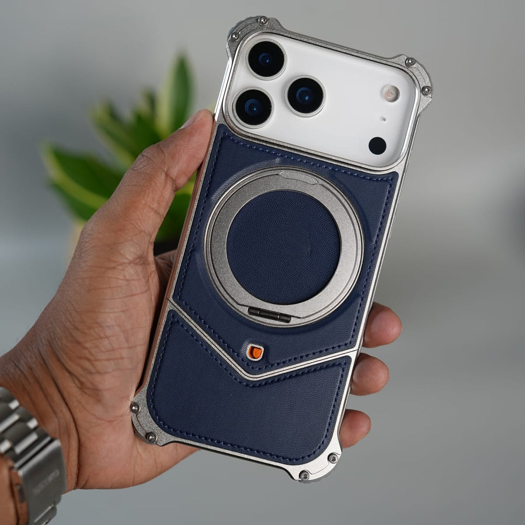 FRATO Aeroflex Metal iPhone 17 Series Premium Blue Carbon Design Aluminium Metal Snap On Rotating Stand case
