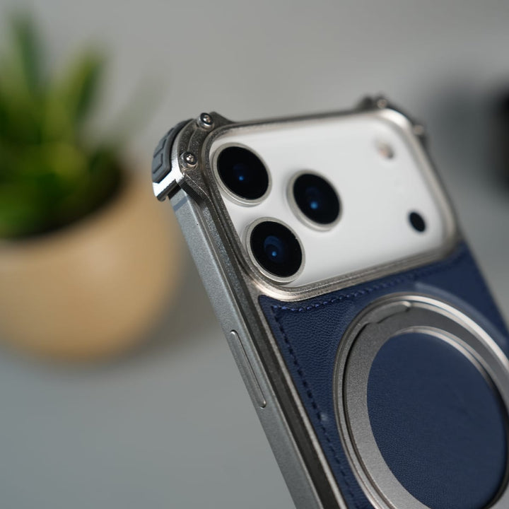 FRATO Aeroflex Metal iPhone 17 Series Premium Blue Carbon Design Aluminium Metal Snap On Rotating Stand case