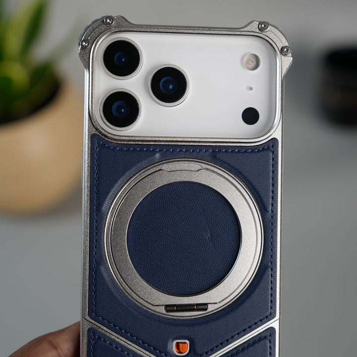 FRATO Aeroflex Metal iPhone 17 Series Premium Blue Carbon Design Aluminium Metal Snap On Rotating Stand case