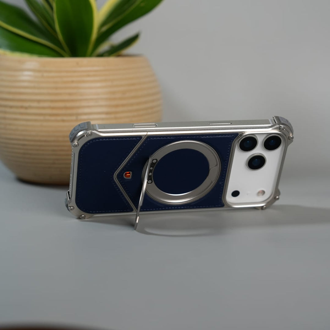 FRATO Aeroflex Metal iPhone 17 Series Premium Blue Carbon Design Aluminium Metal Snap On Rotating Stand case
