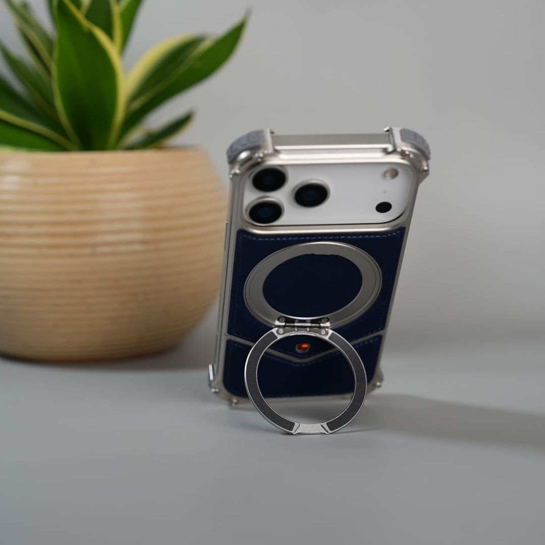 FRATO Aeroflex Metal iPhone 17 Series Premium Blue Carbon Design Aluminium Metal Snap On Rotating Stand case