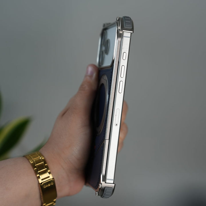FRATO Aeroflex Metal iPhone 17 Series Premium Blue Carbon Design Aluminium Metal Snap On Rotating Stand case