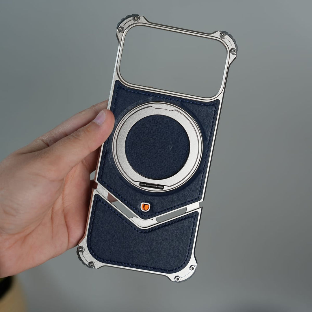 FRATO Aeroflex Metal iPhone 17 Series Premium Blue Carbon Design Aluminium Metal Snap On Rotating Stand case