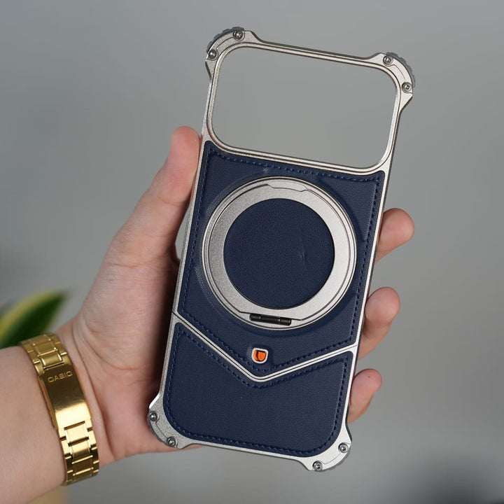FRATO Aeroflex Metal iPhone 17 Series Premium Blue Carbon Design Aluminium Metal Snap On Rotating Stand case