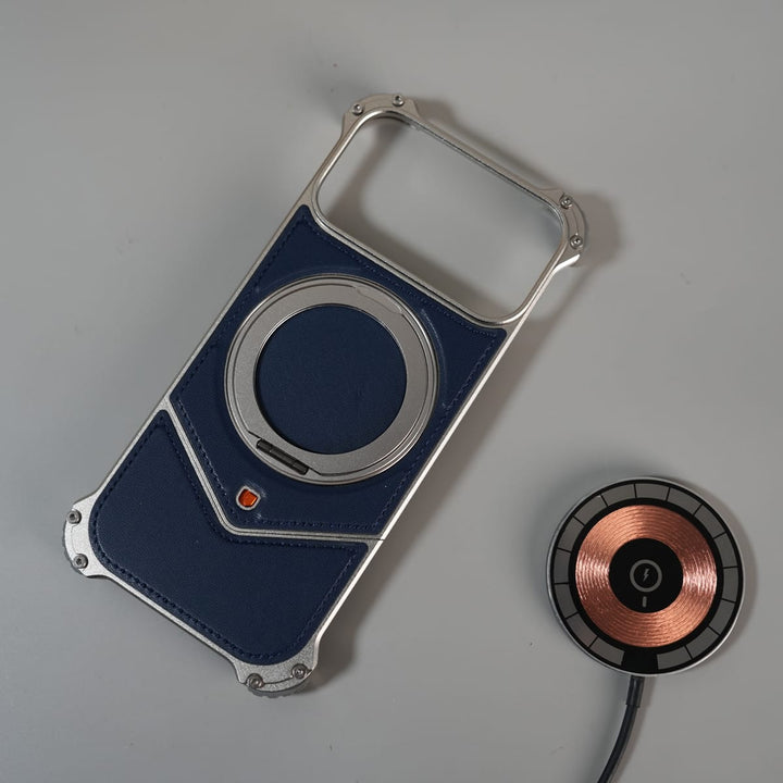 FRATO Aeroflex Metal iPhone 17 Series Premium Blue Carbon Design Aluminium Metal Snap On Rotating Stand case