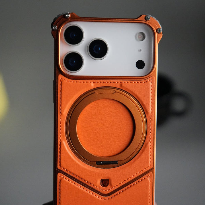 FRATO Aeroflex Metal iPhone 17 Series Premium Orange Leather Aluminium Metal Snap On Rotating Stand case