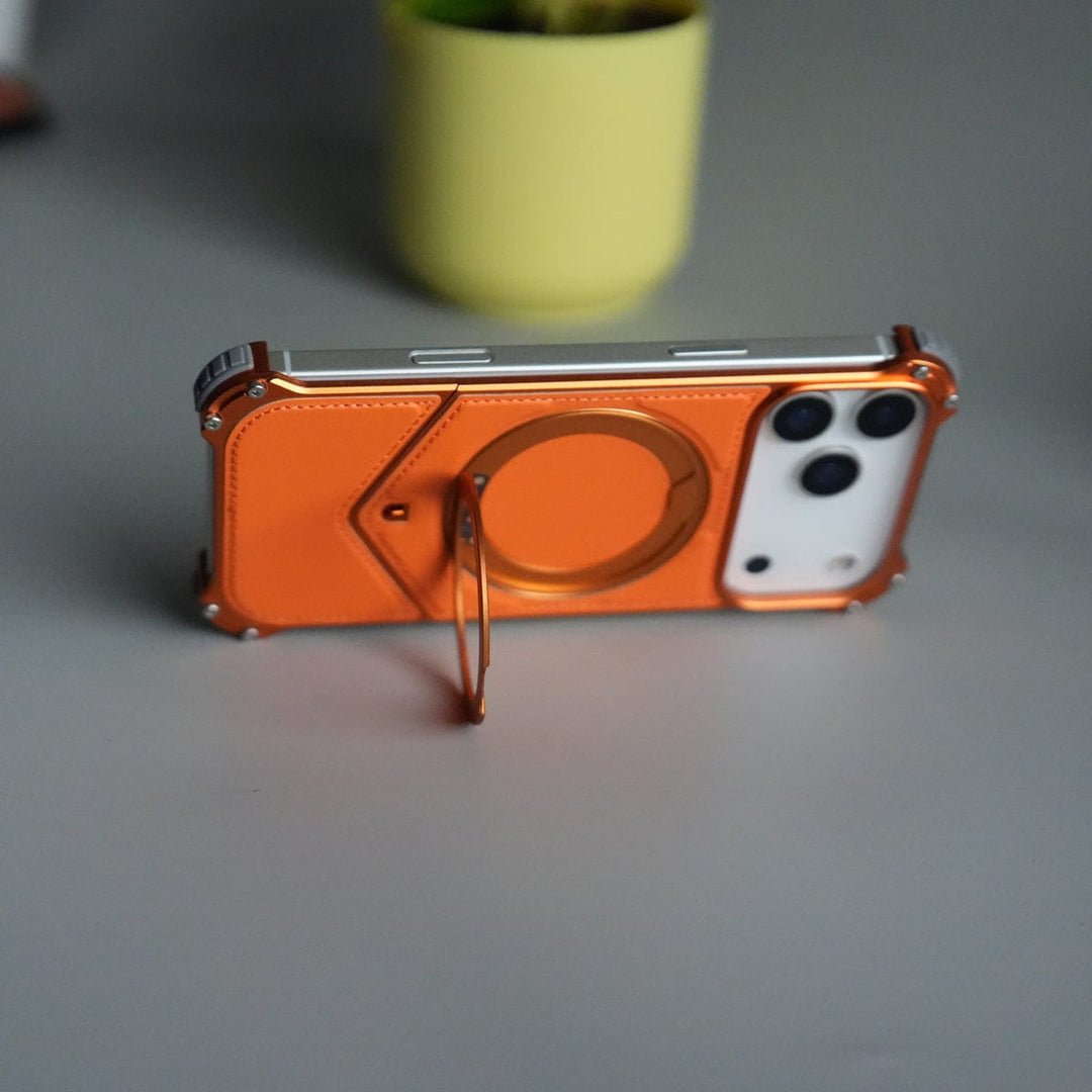 FRATO Aeroflex Metal iPhone 17 Series Premium Orange Leather Aluminium Metal Snap On Rotating Stand case