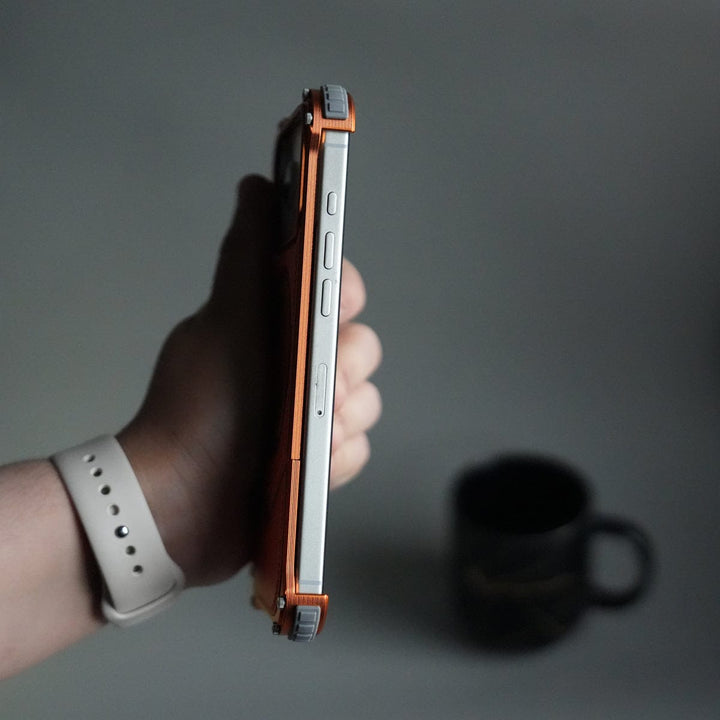 FRATO Aeroflex Metal iPhone 17 Series Premium Orange Leather Aluminium Metal Snap On Rotating Stand case
