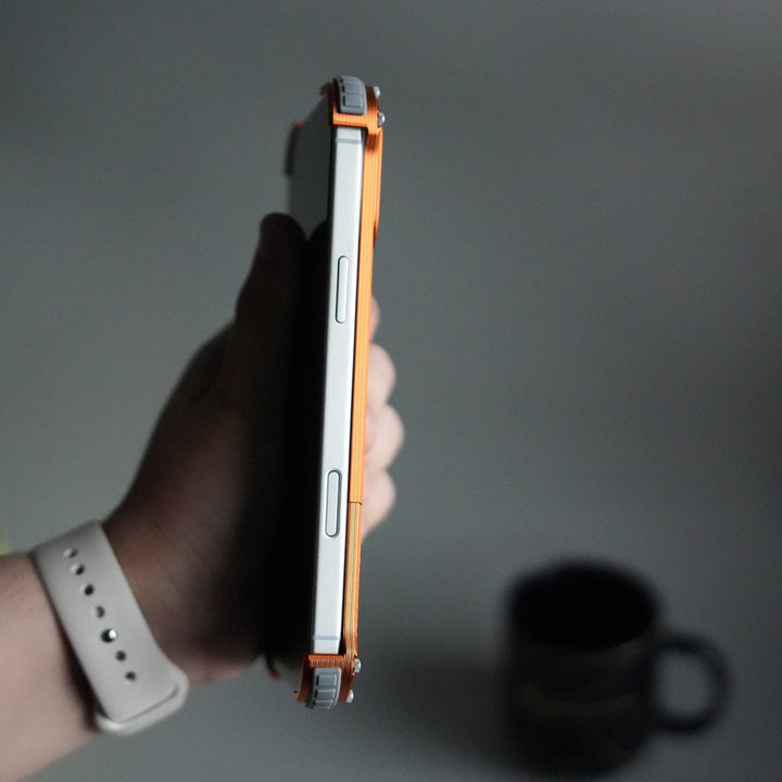 FRATO Aeroflex Metal iPhone 17 Series Premium Orange Leather Aluminium Metal Snap On Rotating Stand case