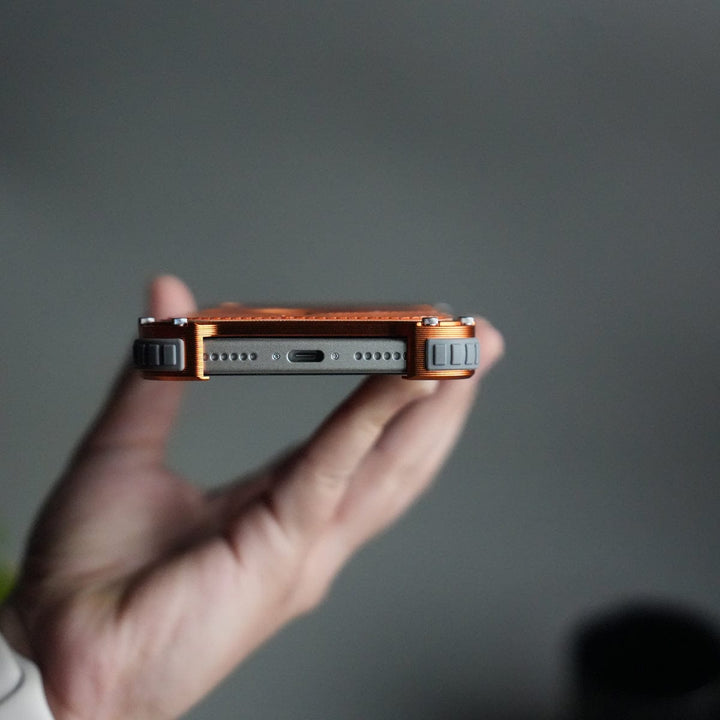 FRATO Aeroflex Metal iPhone 17 Series Premium Orange Leather Aluminium Metal Snap On Rotating Stand case