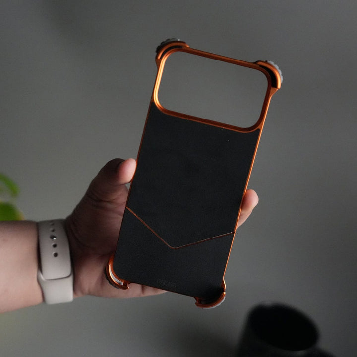 FRATO Aeroflex Metal iPhone 17 Series Premium Orange Leather Aluminium Metal Snap On Rotating Stand case