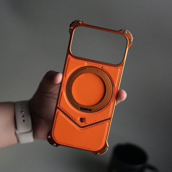 FRATO Aeroflex Metal iPhone 17 Series Premium Orange Leather Aluminium Metal Snap On Rotating Stand case