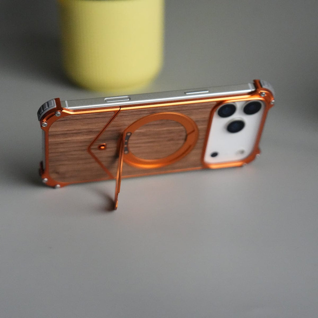 FRATO Aeroflex Metal iPhone 17 Series Premium Orange Wooden Aluminium Metal Snap On Rotating Stand case