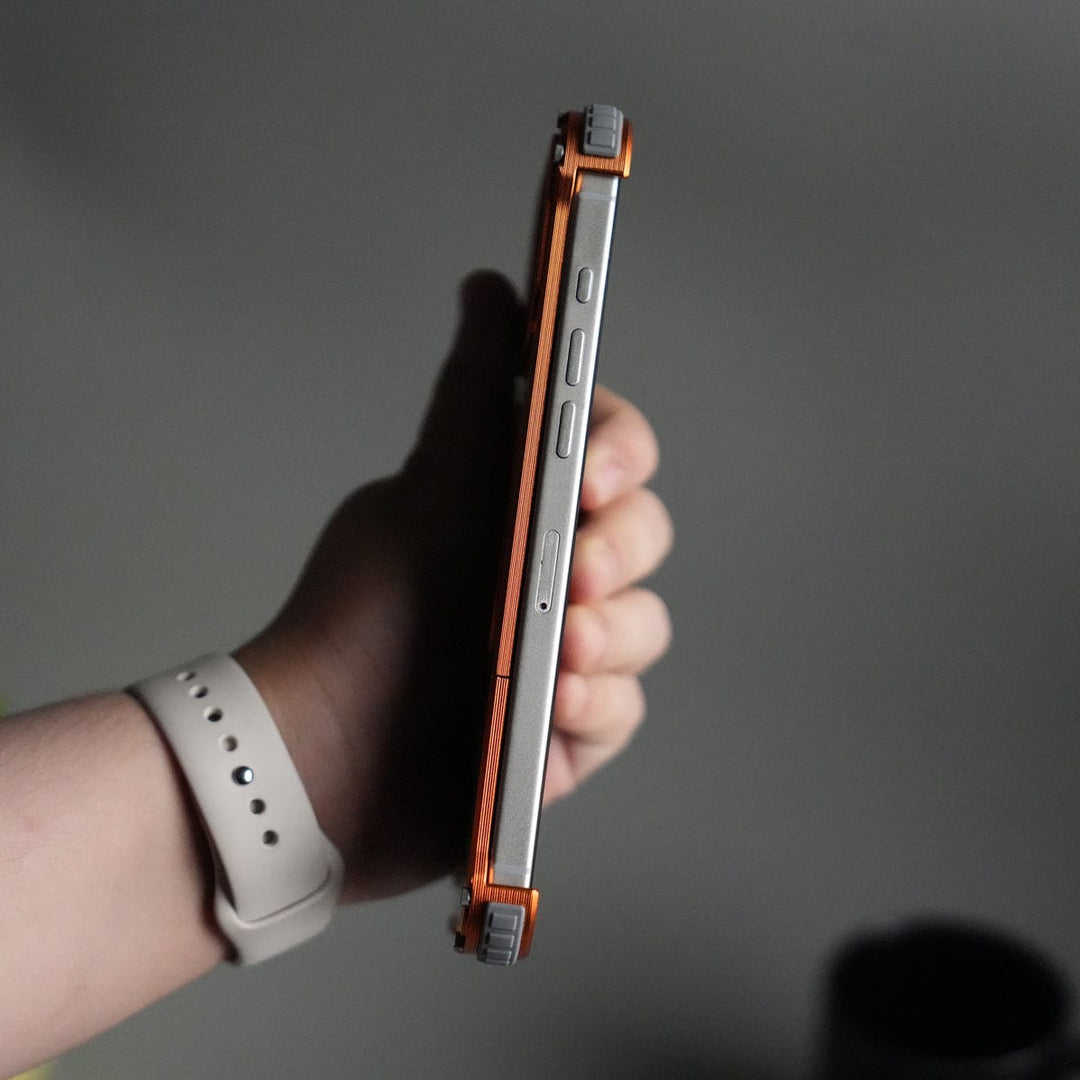 FRATO Aeroflex Metal iPhone 17 Series Premium Orange Wooden Aluminium Metal Snap On Rotating Stand case
