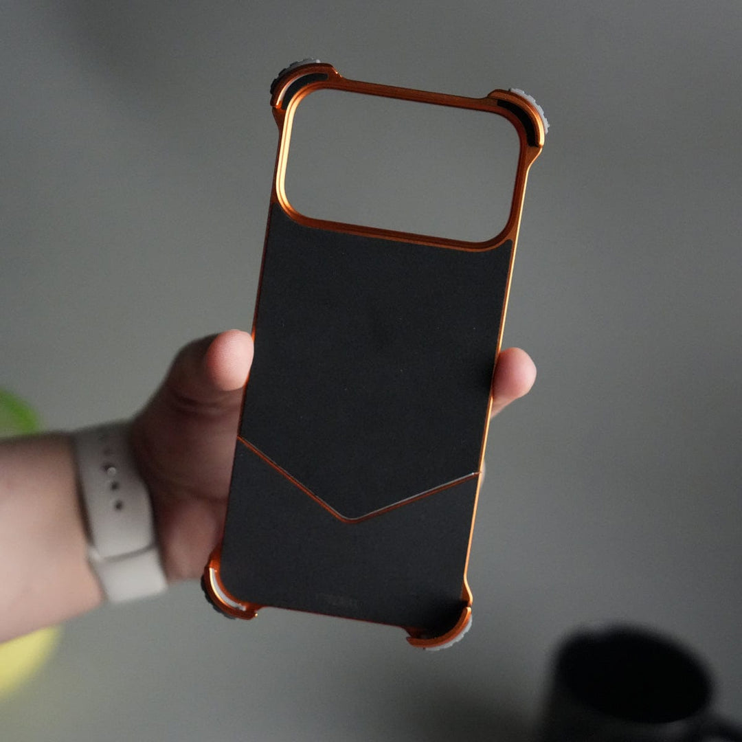 FRATO Aeroflex Metal iPhone 17 Series Premium Orange Wooden Aluminium Metal Snap On Rotating Stand case