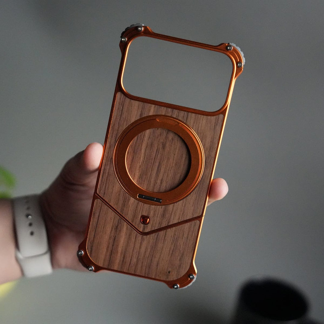 FRATO Aeroflex Metal iPhone 17 Series Premium Orange Wooden Aluminium Metal Snap On Rotating Stand case