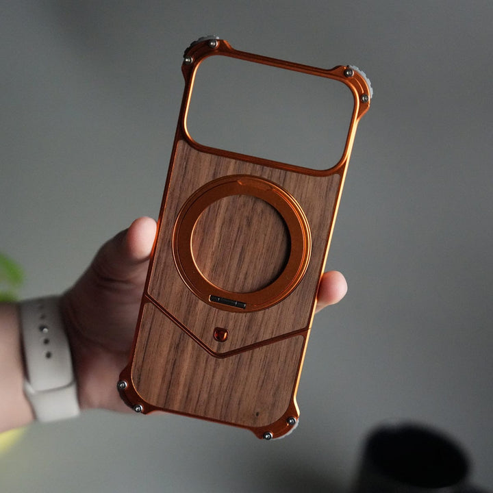 FRATO Aeroflex Metal iPhone 17 Series Premium Orange Wooden Aluminium Metal Snap On Rotating Stand case