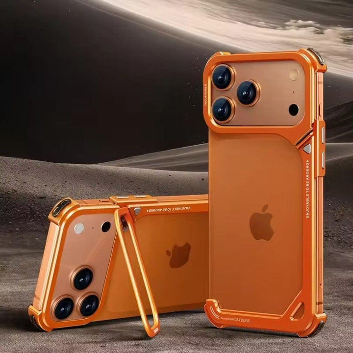 FRATO Aeroflex Metal Orange iPhone 17 Pro max 9-Shaped Frameless Metal Bumper Case with Hidden Lens Stand | Shockproof Aviation-Grade Alloy Frame