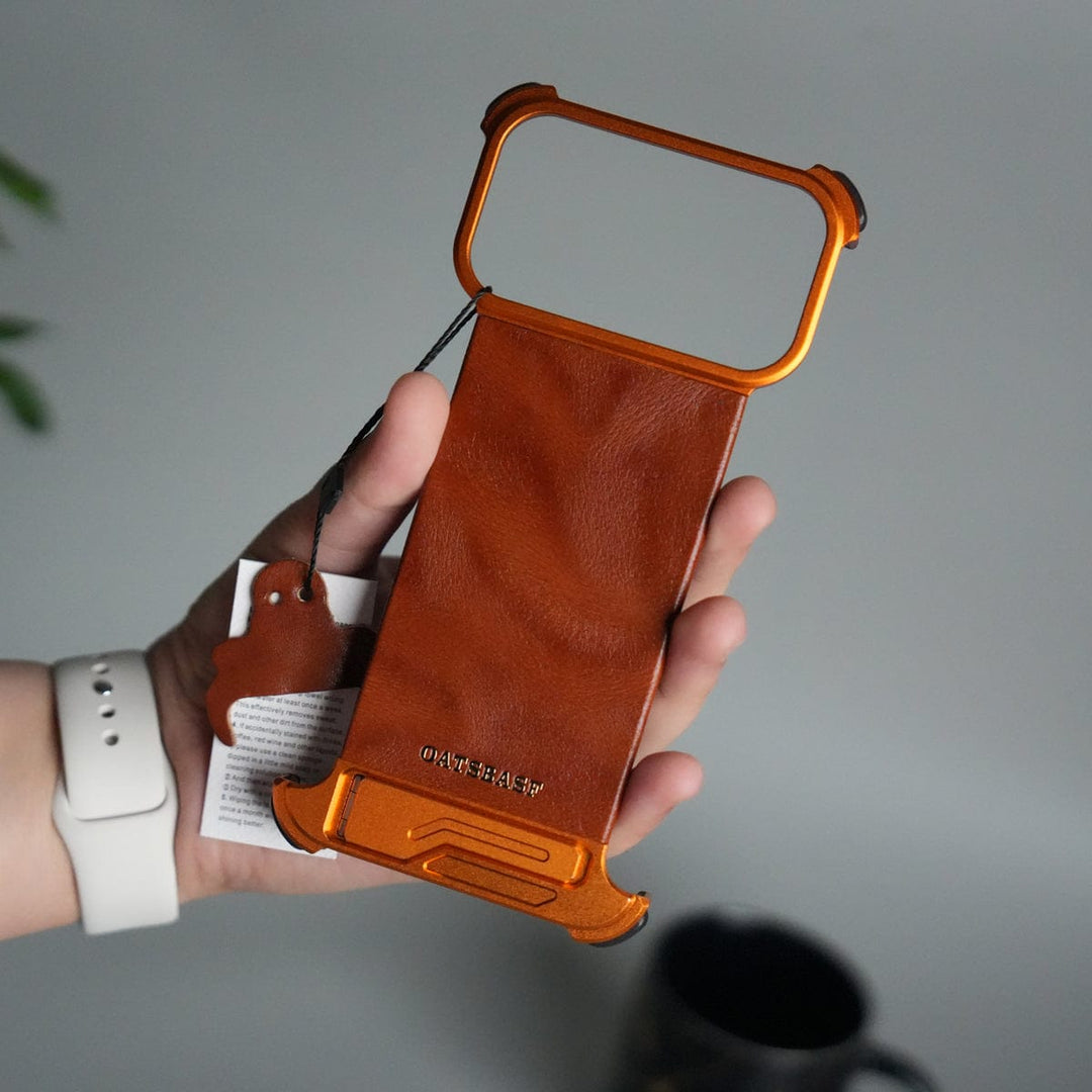 FRATO Aeroflex Metal Orange iPhone 17 Pro Max Magnetic Leather Case | Strong MagSafe + Metal Kickstand | Premium PU Leather Back with Aluminum Bumper Frame