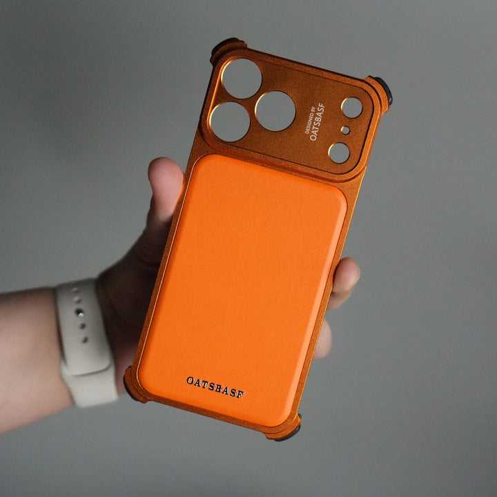 FRATO Aeroflex Metal Orange iPhone 17 Pro Max Premium Aluminum Metal Frame Case | Shockproof Corners | Luxury Leather Shells MagSafe Cover
