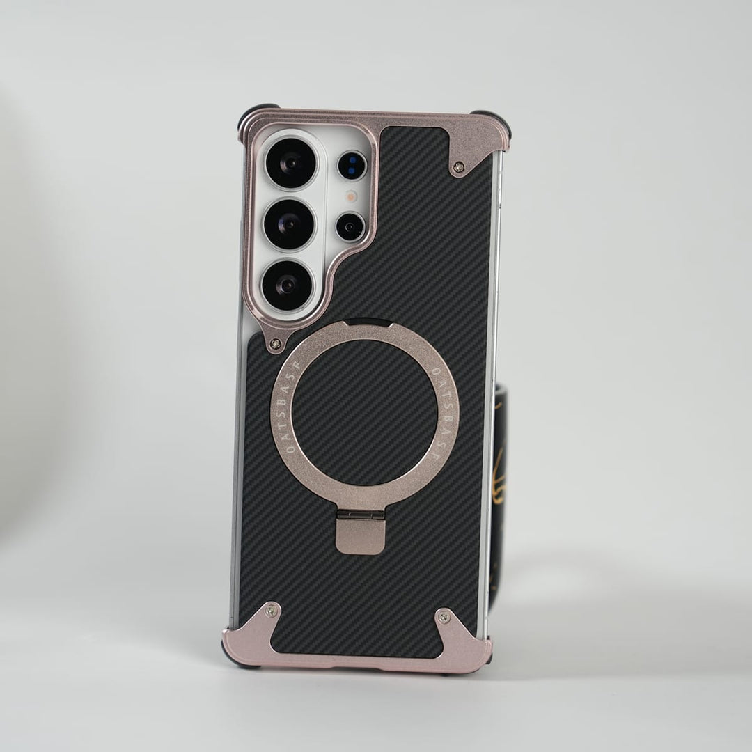 FRATO Aeroflex Metal Rose Gold Galaxy S26 Ultra Carbon Texture Frameless Metal Kickstand Case