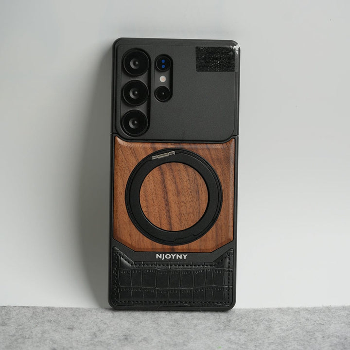 FRATO Aeroflex Metal S25 Ultra / Black Samsung Galaxy Ultra series Metallic Wood Leather AeroFLex Aluminium  Case With Rotating Stand
