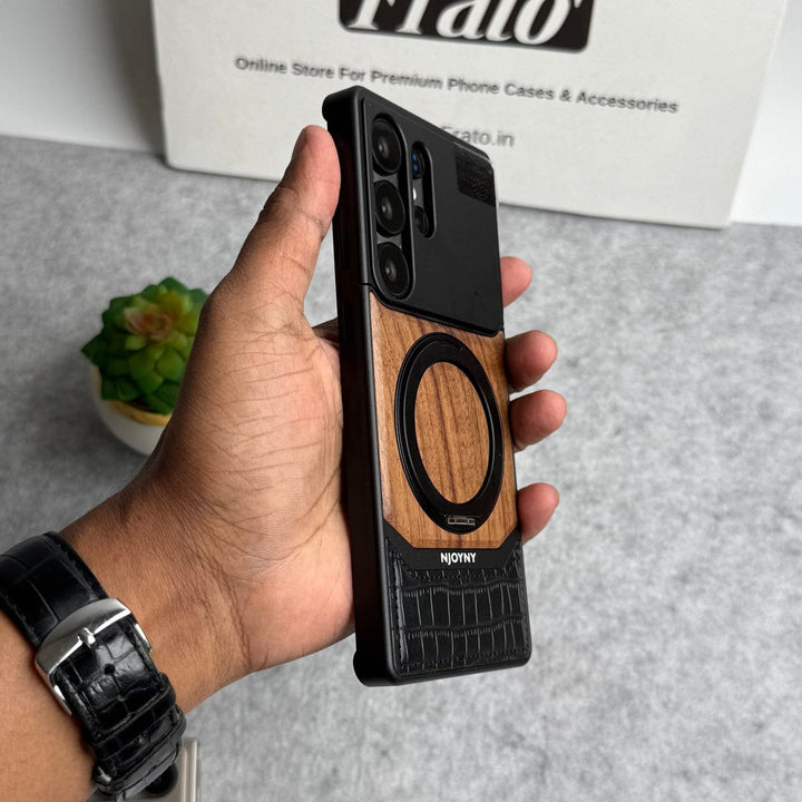 FRATO Aeroflex Metal Samsung Galaxy Ultra series Metallic Wood Leather AeroFLex Aluminium  Case With Rotating Stand