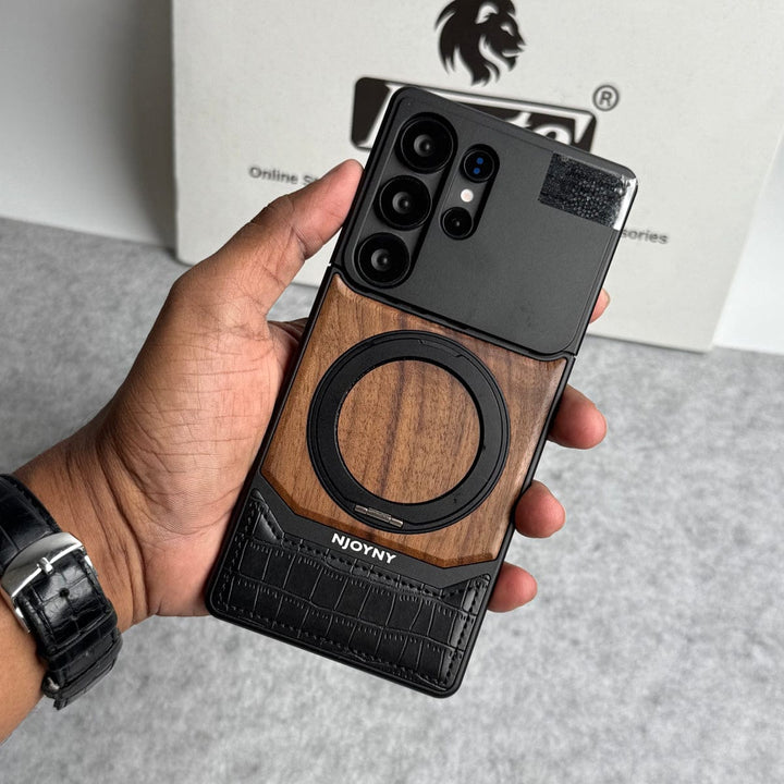 FRATO Aeroflex Metal Samsung Galaxy Ultra series Metallic Wood Leather AeroFLex Aluminium  Case With Rotating Stand