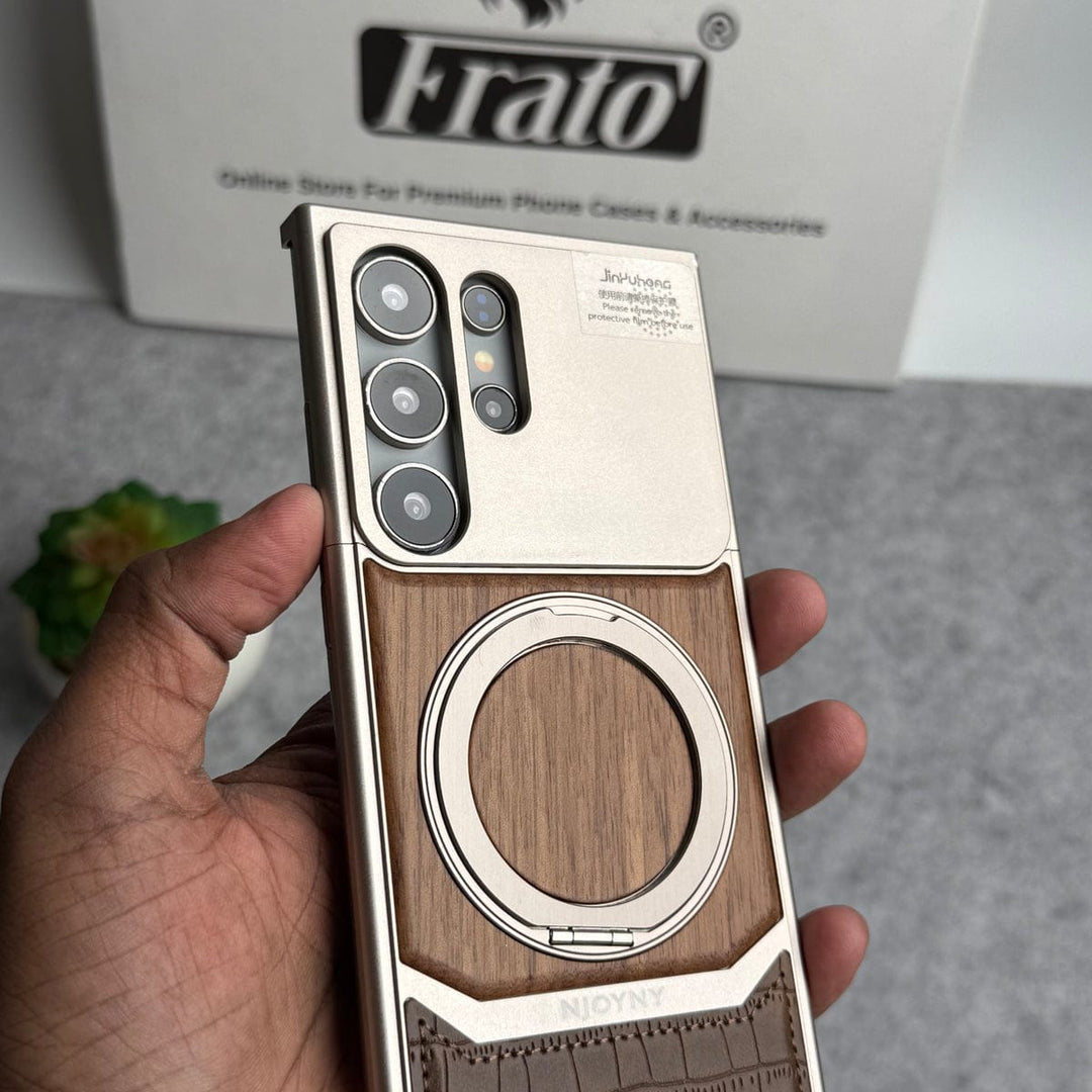 FRATO Aeroflex Metal Samsung Galaxy Ultra series Metallic Wood Leather AeroFLex Aluminium  Case With Rotating Stand