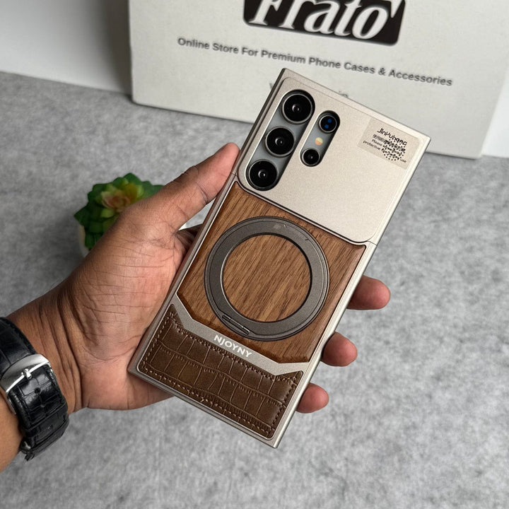 FRATO Aeroflex Metal Samsung Galaxy Ultra series Metallic Wood Leather AeroFLex Aluminium  Case With Rotating Stand