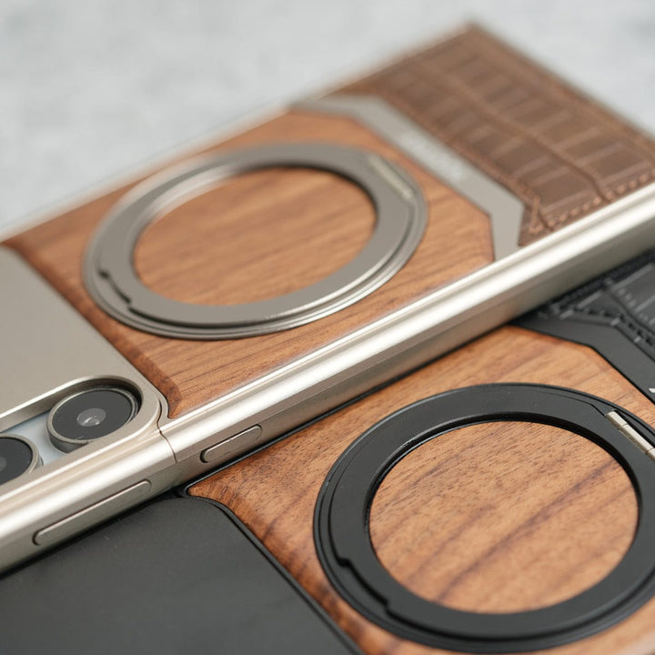 FRATO Aeroflex Metal Samsung Galaxy Ultra series Metallic Wood Leather AeroFLex Aluminium  Case With Rotating Stand