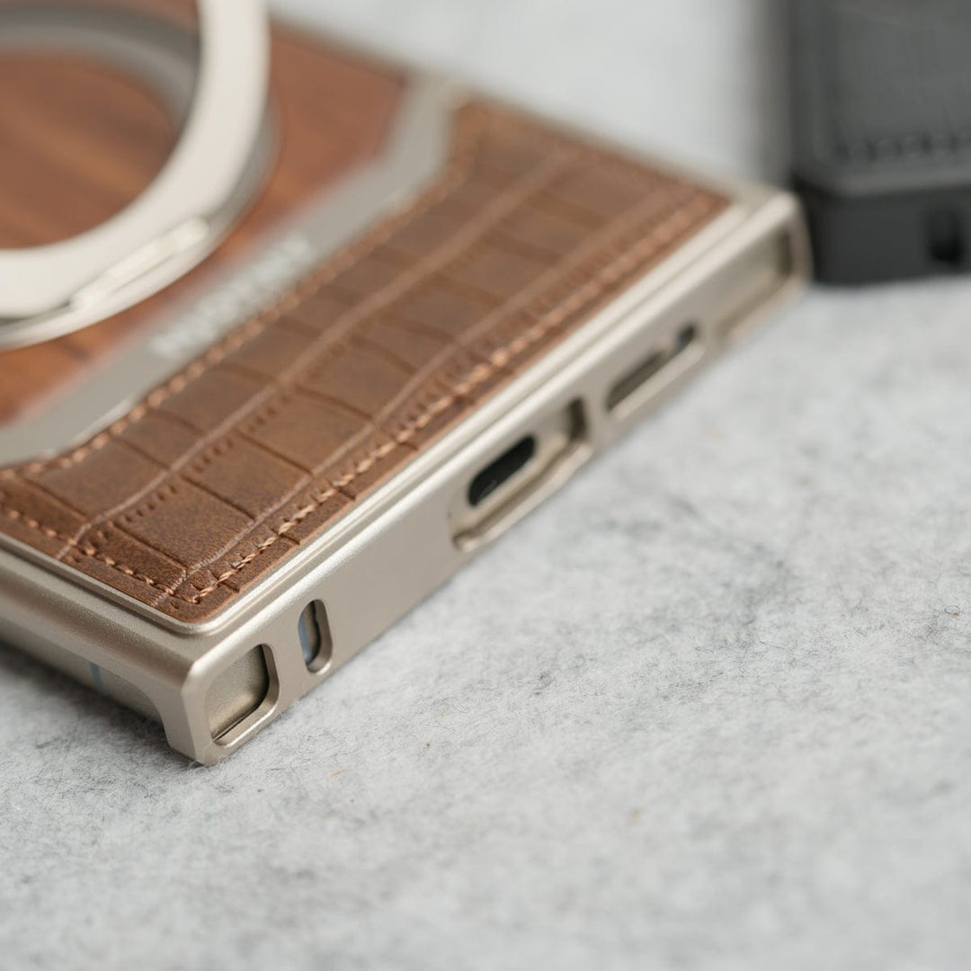 FRATO Aeroflex Metal Samsung Galaxy Ultra series Metallic Wood Leather AeroFLex Aluminium  Case With Rotating Stand