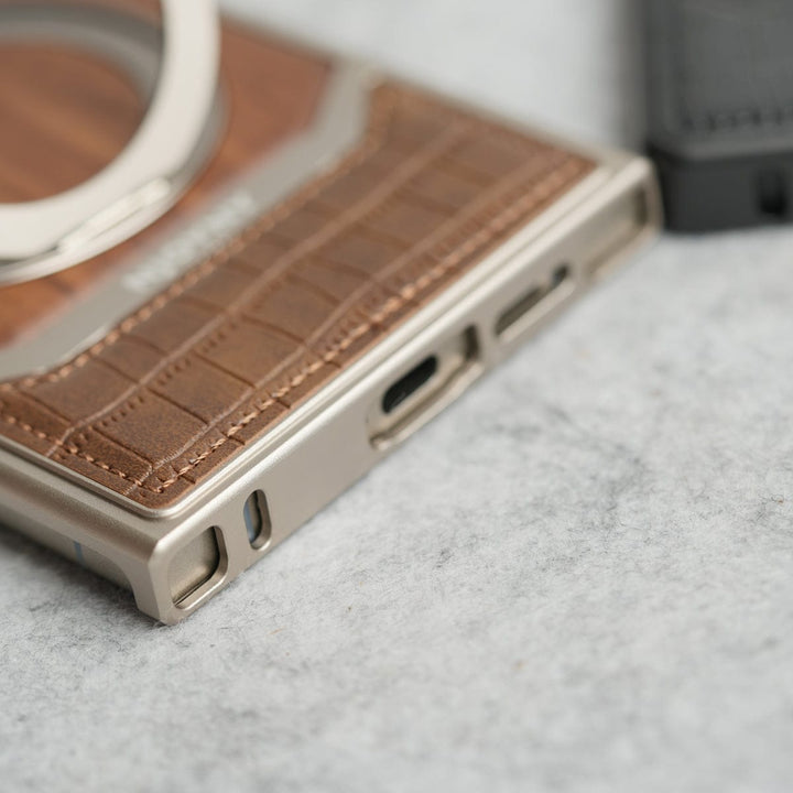 FRATO Aeroflex Metal Samsung Galaxy Ultra series Metallic Wood Leather AeroFLex Aluminium  Case With Rotating Stand