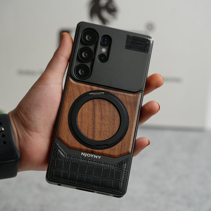 FRATO Aeroflex Metal Samsung Galaxy Ultra series Metallic Wood Leather AeroFLex Aluminium  Case With Rotating Stand