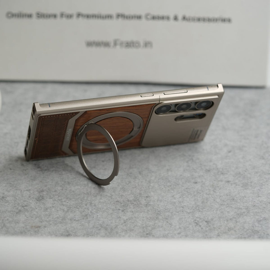 FRATO Aeroflex Metal Samsung Galaxy Ultra series Metallic Wood Leather AeroFLex Aluminium  Case With Rotating Stand