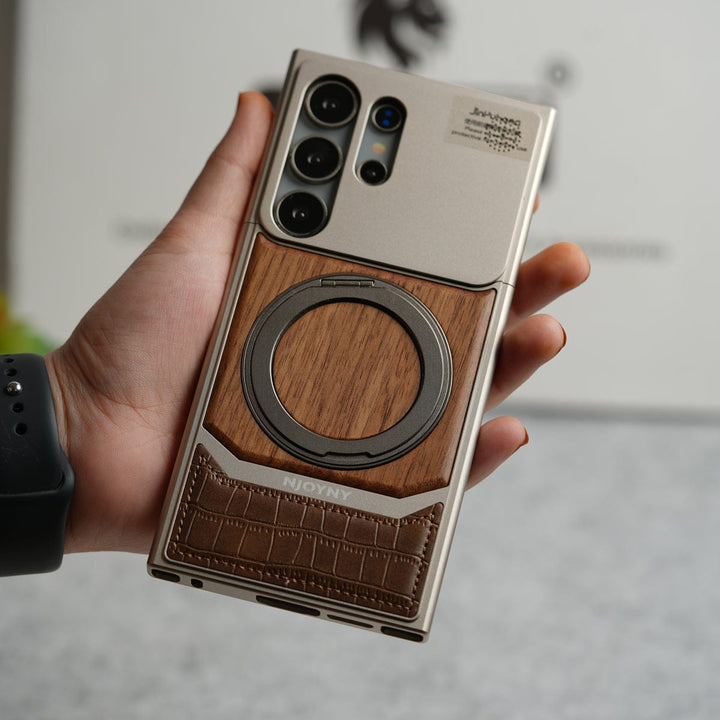 FRATO Aeroflex Metal Samsung Galaxy Ultra series Metallic Wood Leather AeroFLex Aluminium  Case With Rotating Stand