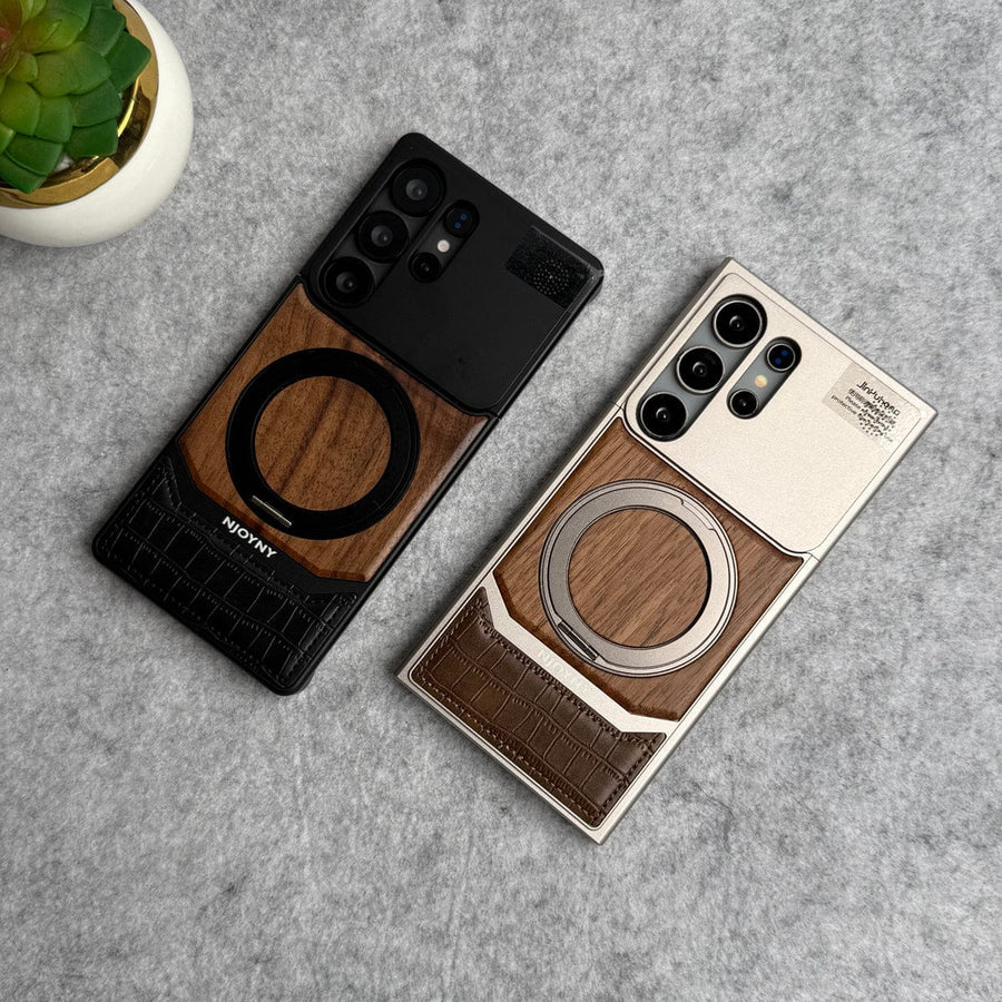 FRATO Aeroflex Metal Samsung Galaxy Ultra series Metallic Wood Leather AeroFLex Aluminium  Case With Rotating Stand
