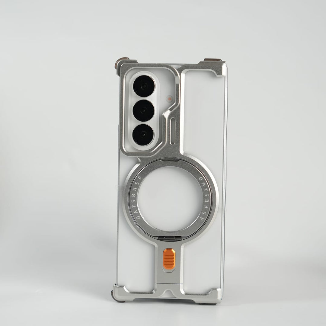 FRATO Aeroflex Metal Silver Galaxy Fold 7 Metal Frameless Bumper Case With Rotating Stand