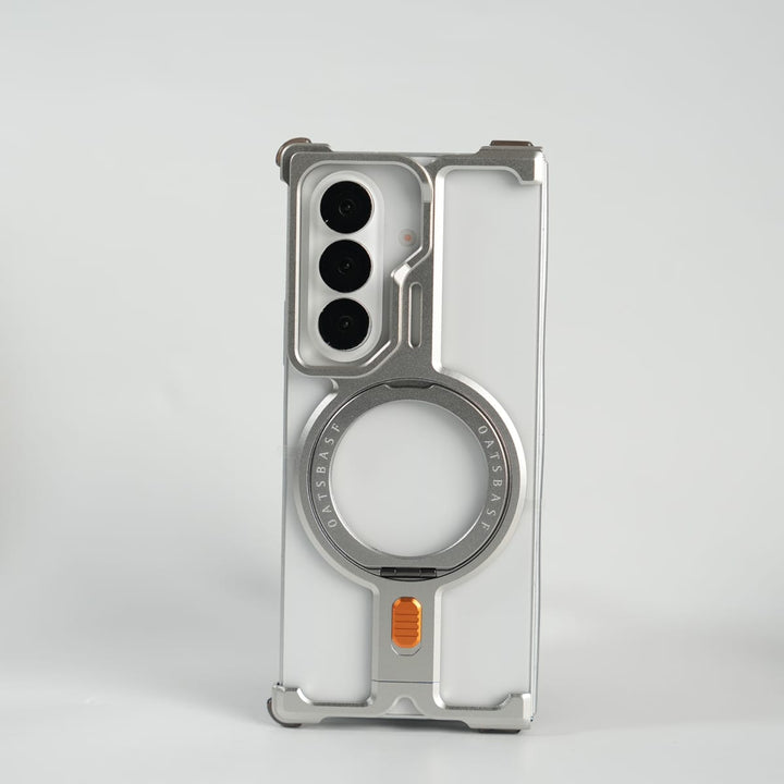 FRATO Aeroflex Metal Silver Galaxy Fold 7 Metal Frameless Bumper Case With Rotating Stand